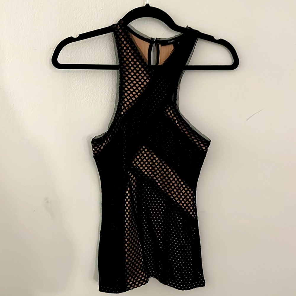 BCBGMAXAZRIA BLACK AND NUDE MESH TOP XS